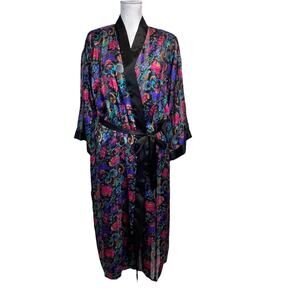Vintage Inner Most Lingerie Robe sz Medium Black Pink Purple Floral Wrap Satin